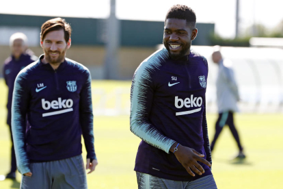 Messi i Umtiti, ahir durant la sessió d’entrenament.