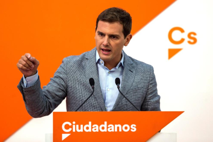 El líder de Ciutadans, Albert Rivera, ahir a la seu de la formació taronja a Madrid.