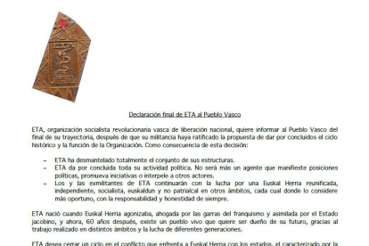 Llegeix íntegrLlegeix íntegre el comunicat d'ETAe el comunicat d'ETA