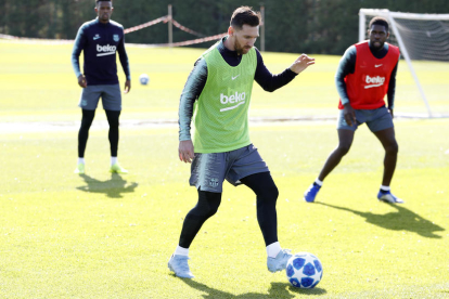 Leo Messi, durant l’entrenament d’ahir.
