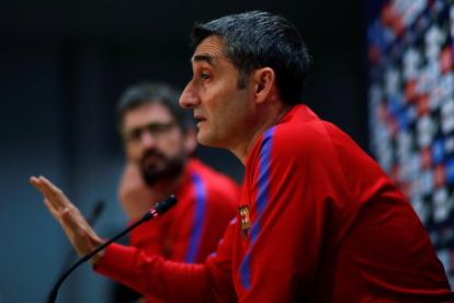 Ernesto Valverde, ahir durant la conferència de premsa prèvia al clàssic d’avui al Camp Nou.