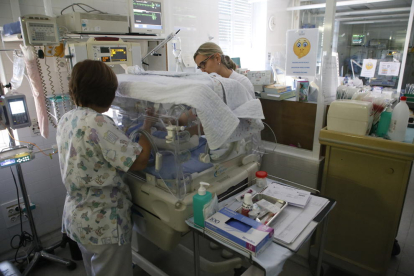 Personal mèdic atenent un nounat a la unitat de prematurs de l’hospital Arnau de Vilanova de Lleida.