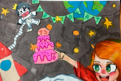 Ariadna María Delgado de 11 años de edad en su dibujo refleja lo alucinante puede ser celebrar los 15 años en el espacio.