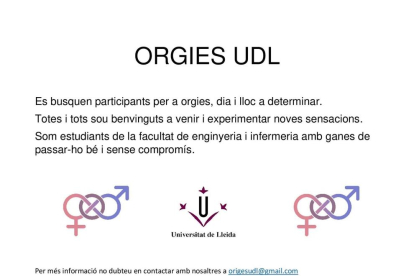 El cartel que busca gente para hacer orgías con el logo de la UdL. 
