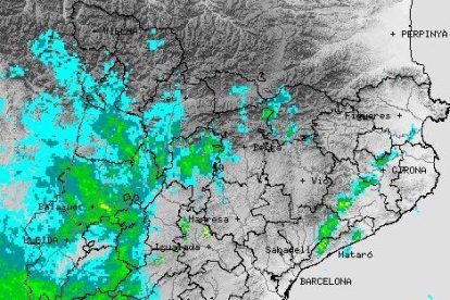 Imatge del radar meteorològic a les sis de la tarda, amb el front de precipitació entrant