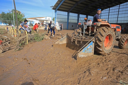 Voluntarios mallorquines echando una mano en la extracción de lodo en la localidad afectada, ayer.