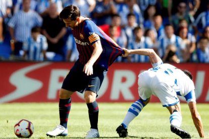 Luis Suárez celebra amb Umtiti el gol de l’empat dels blaugranes.