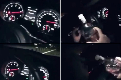 Cuatro imágenes del vídeo colgado en las redes en las que se ve la velocidad y la botella de alcohol.