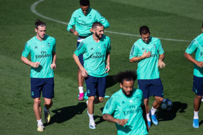 Bale, Benzema, Hazard, Marcelo y Vinicius ayer entrenando.