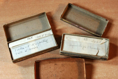 Tres caixes en les quals es conserven algunes de les plaques (esquerra) i el ‘Llibre dels capítols de Gessa’ (dreta), ja restaurat.