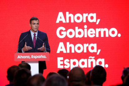 El líder de los socialistas, Pedro Sánchez, ayer en la presentación del lema del PSOE en 10N.