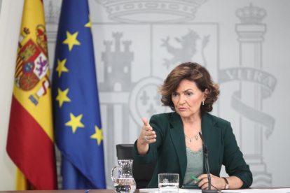 La vicepresidenta del Govern espanyol, Carmen Calvo, ahir durant la roda de premsa posterior al Consell de Ministres.