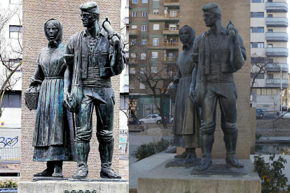 A l'esquerra, l'estàtua de la plaça Pagesos amb la placa de l'escut de la ciutat. A la dreta, imatge d'ahir sense.