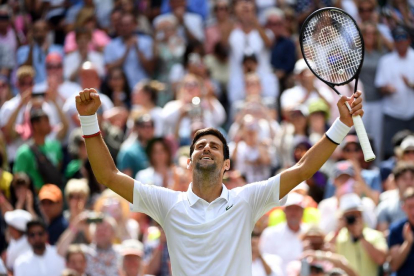 Novak Djokovic celebra el triomf en primera ronda de Wimbledon davant de Philipp Kohlschreiber.