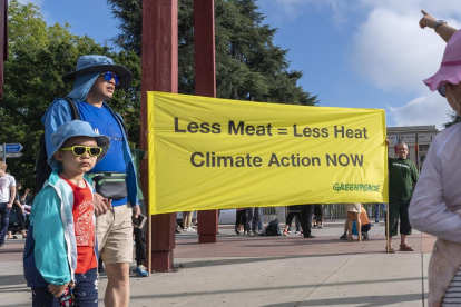 Greenpeace va desplegar una pancarta davant de l’ONU per demanar menys consum de carn.