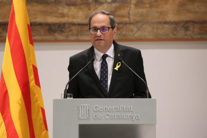 El president de la Generalitat, Quim Torra, durant la declaració institucional d'aquest divendres.