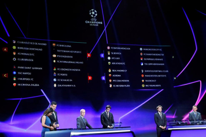 Una vista general del sorteo con el panel de los ocho grupos y los encargados de sacar las bolas del bombo, los exjugadores Kaká y Diego Forlán.