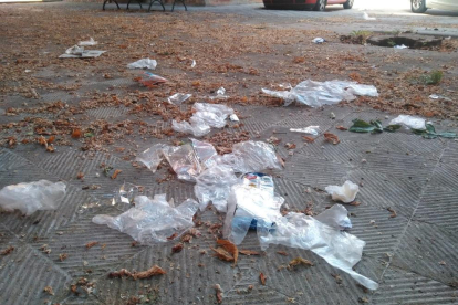 Varios guantes de plástico y otros residuos en Balàfia.