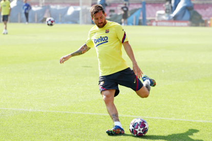 Leo Messi, durant l’entrenament al Camp Nou.