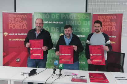 Jaume Pedrós, Joan Caball i Josep Sellart, ahir en la presentació del XIII Congrés Nacional d’UP.