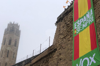 Vox penja una bandera espanyola gegant a la Seu Vella de Lleida