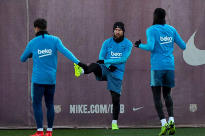 Messi, ahir durant l’entrenament de la plantilla barcelonista.