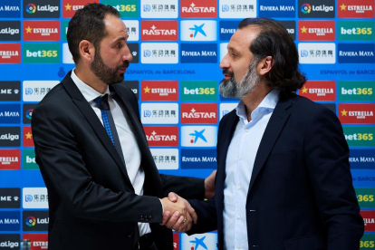 Pablo Machín junto al director deportivo del Espanyol, Rufete.