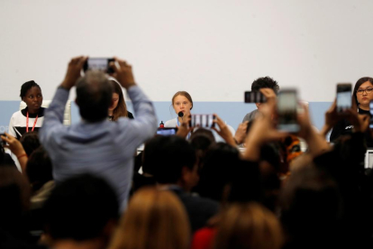 La joven activista sueca Greta Thunberg, este lunes durante la rueda de prensa en Madrid.