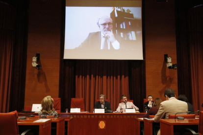 Intervención de Lluís Puig en el Parlament por videoconferencia.