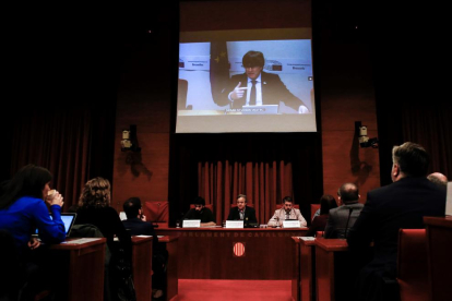 Carles Puigdemont, ahir, durant la seua compareixença per videoconferència en la comissió del 155.