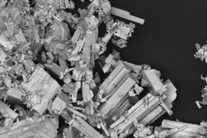 Fragment de coltan (niobi i tàntal), vist al Laboratori de Microsccopía del Centro Nacional de Investigaciones Metalúrgicas del Consejo Superior de Investigaciones Científicas