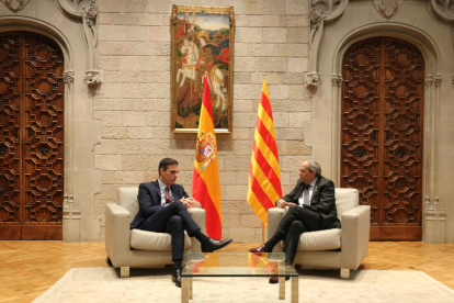 La reunión entre Sánchez y Torra, ayer jueves en el Palau de la Generalitat.