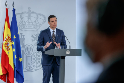 El presidente del Gobierno, Pedro Sánchez, ayer explicando el nuevo reparto de fondos. 
