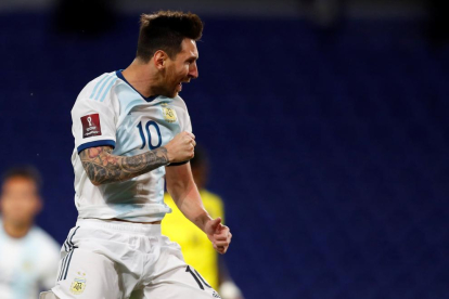 Messi celebra el gol con el que Argentina ganó a Ecuador.