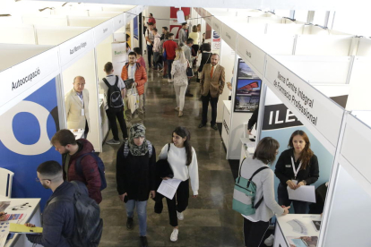 Estudiantes y graduados pasean y preguntan a las empresas y entidades en la feria.