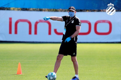Abelardo, entrenador del Espanyol, ayer con mascarilla y guantes.