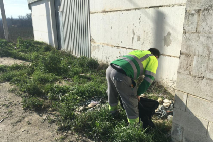 Un operario de Alcarràs retira plásticos en el entorno del pueblo.