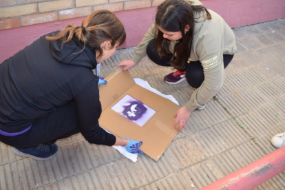 Alumnes de Batxillerat del Guindàvols, davant un mural sobre la violència de gènere en la mitologia.