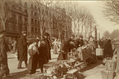 Fotografía antigua que muestra los puestos de venta de pájaros en las Ramblas de Barcelona.