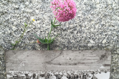 Monolito de recuerdo en Arles-sur-Tech  -  La leridana Àngels Berengueres (2ª por la izquierda), acompañada de primos y de una bisnieta de Miquel Tarré, el año pasado junto a la estela funeraria y el espacio de homenaje levantado en el cemente ...