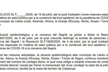 DOCUMENT | La resolució del Govern pel confinament de set municipis del Segrià