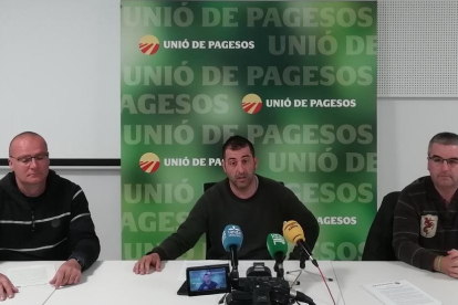Jordi Pascual (centre), responsable de l'Oli d'Unió de Pagesos, amb Josep Maria Barrull (esquerra) i Marcelino Álvarez, de la sectorial, a la roda de premsa, aquest dijous, a Lleida.