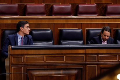 Pedro Sánchez i el vicepresident segon, Pablo Iglesias, ahir al Congrés.