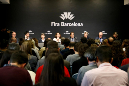 Autoritats durant la roda de premsa d’ahir per explicar els motius de la cancel·lació de la catorzena edició del Mobile World Congress de Barcelona.