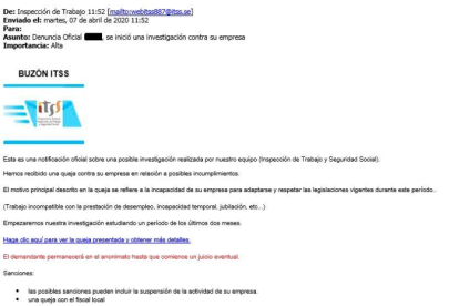 exemple. Els Mossos van mostrar ahir un dels correus que han rebut empreses en què se suplanta la Inspecció de Treball per estafar.