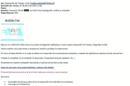 Exemple. Els Mossos van mostrar ahir un dels correus que han rebut empreses en què se suplanta la Inspecció de Treball per estafar.