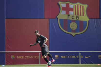 Messi ahir durant l’entrenament de la plantilla barcelonista.