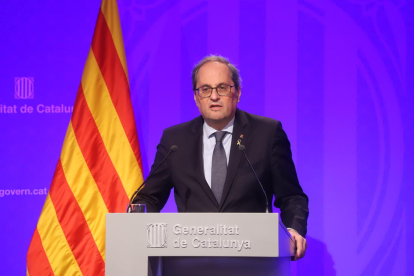 Compareixença ahir del president del Govern, Quim Torra, des del Palau de la Generalitat.