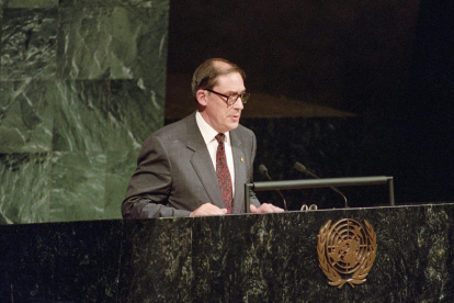 El cap de Govern, durant el discurs a l’ONU, el primer en català a les Nacions Unides, el 1993.