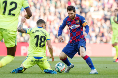 Leo Messi, que no pudo acudir a la gala de los Laureus en Berlín, durante el partido del sábado.